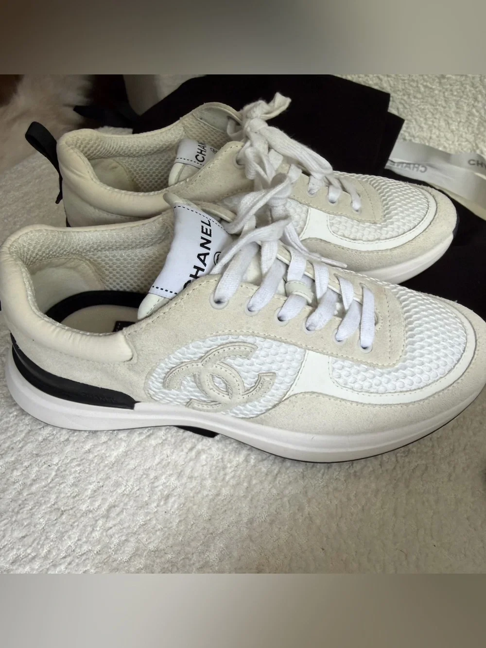 CHANEL Cream and White Interlaced CC Logo Sneakers